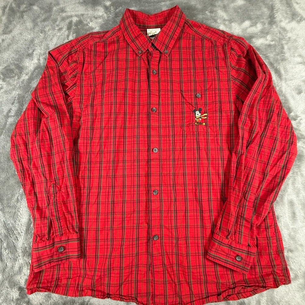Disney Store Mickey Mouse Sz Medium Red /Green/Black Plaid Button Up Shirt